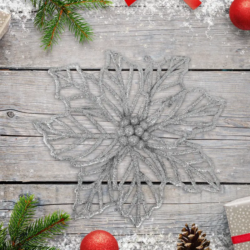 Flor Ornamento Navideño, Color Plata, 23 Cm 1