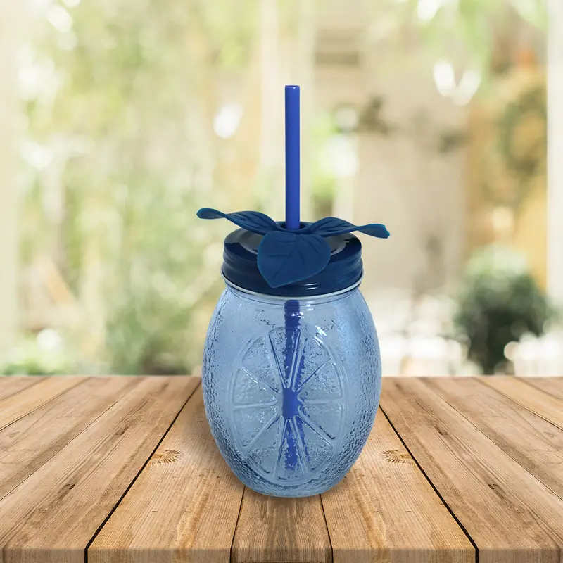 Frasco Con Tapa Y Popote Decorativo Color Azul Marino, 480 Ml 1