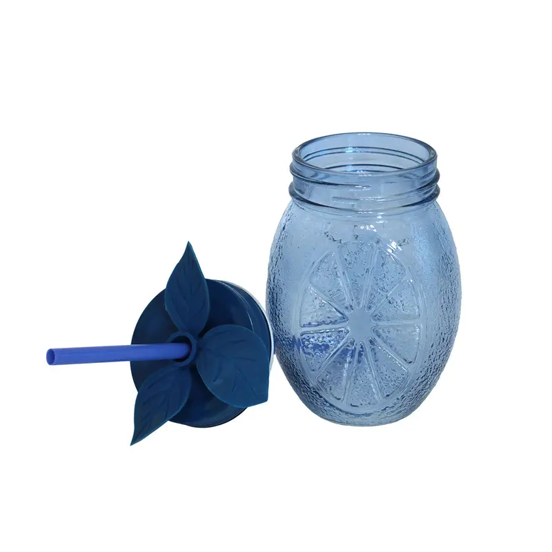 Frasco Con Tapa Y Popote Decorativo Color Azul Marino, 480 Ml 2