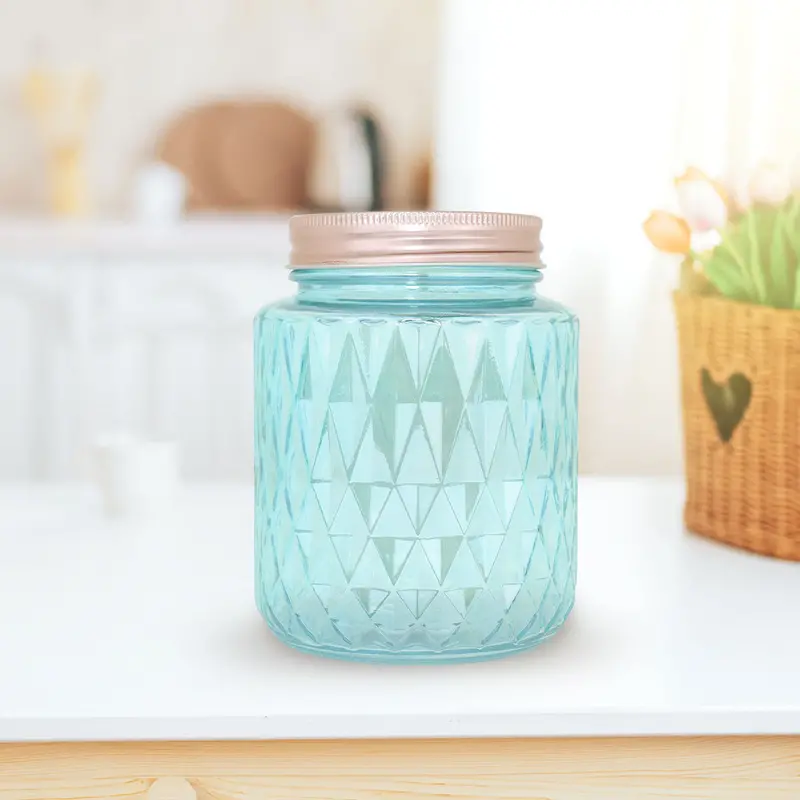 Frasco De Vidrio Diseã±O Rombos Con Tapa, Color Azul, Capacidad 1000 Ml 1