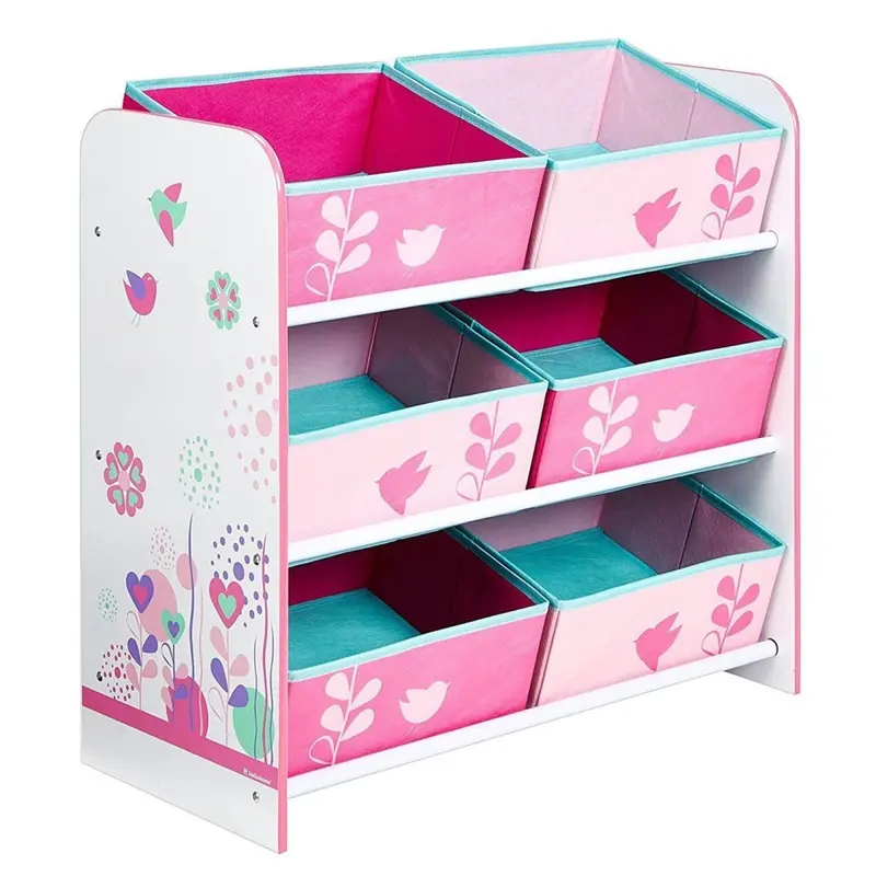 Hello Home Kids Bedroom Toy Storage Unit With 6 Fabric Storage Boxes - Flowers And Birds 1