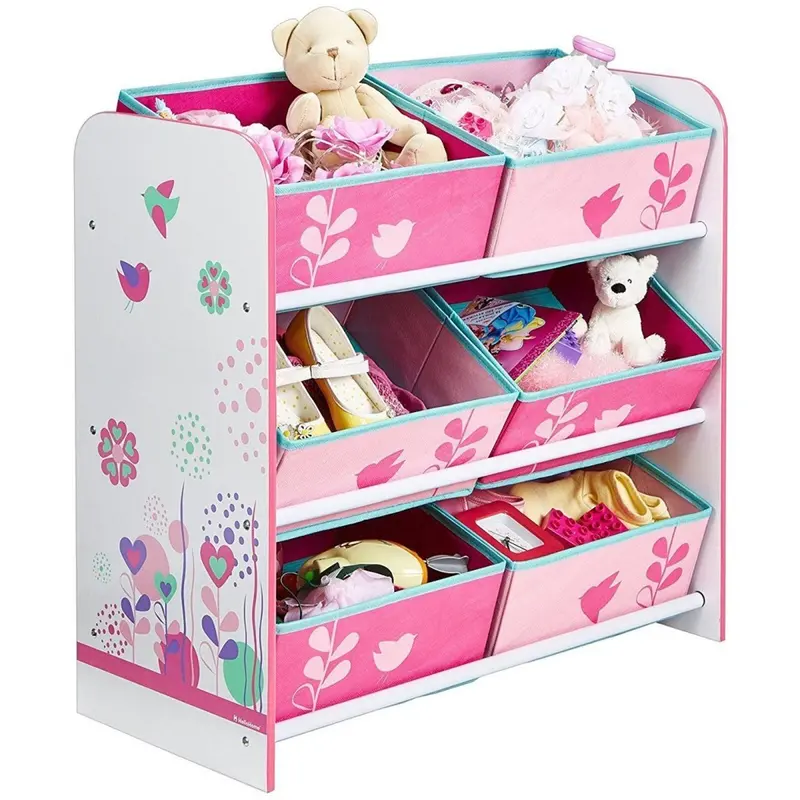 Hello Home Kids Bedroom Toy Storage Unit With 6 Fabric Storage Boxes - Flowers And Birds 2