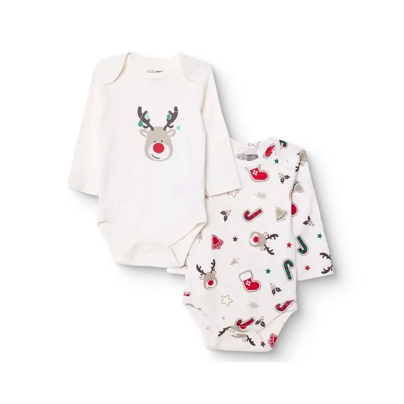 Hellobaby Boys 2-Pack Long Sleeve Bodysuits Christmas Envelope Neck Long Sleeve - Ecru 1