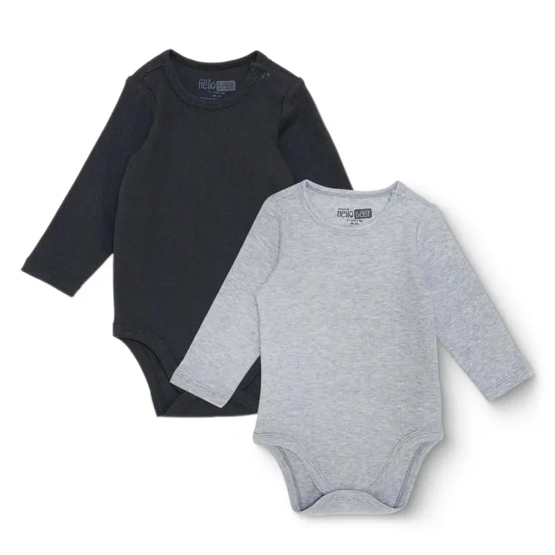 Hellobaby Boys 2-Pack Long Sleeve Bodysuits With Poppers Popper Neck Long Sleeve - Grey Melange 1