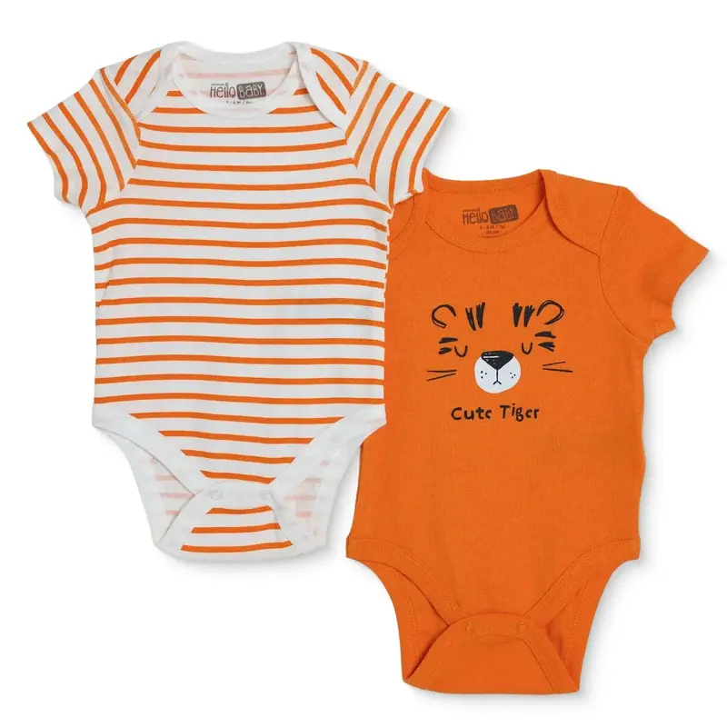 Hellobaby Boys 2-Pack Short Sleeve Bodysuits Animal With Poppers Envelope Neck Short Sleeve - Orange 1