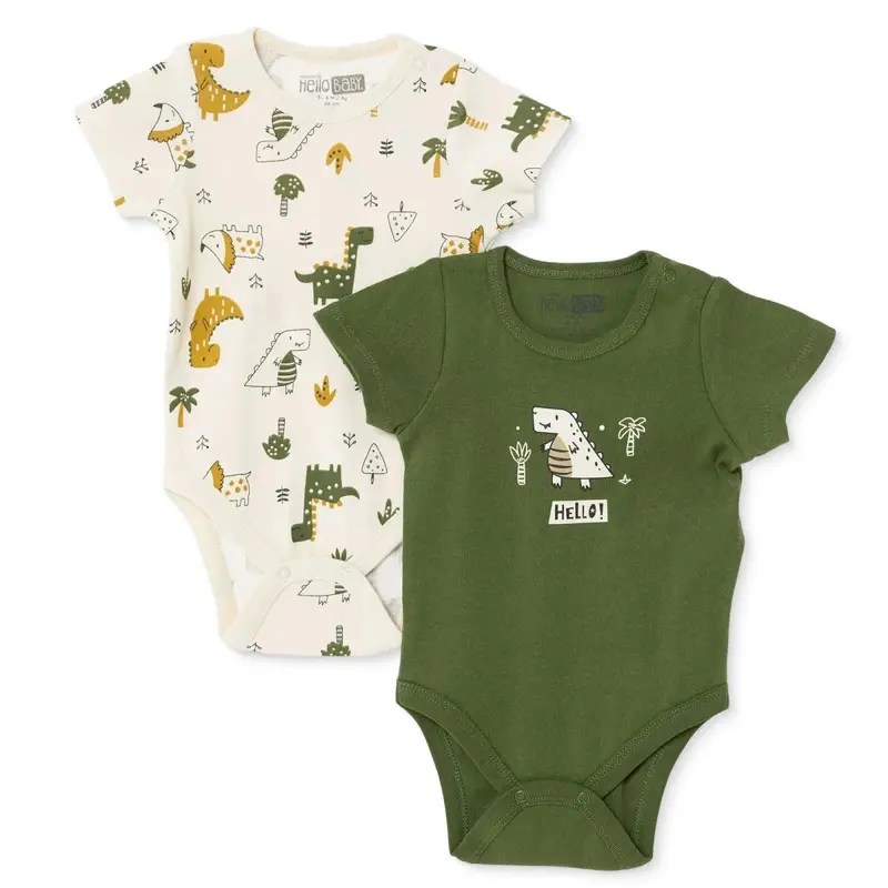 Hellobaby Boys 2-Pack Short-Sleeve Bodysuits Dinosaur Print Snap Fastening Popper Neck Short Sleeve - Khaki 1