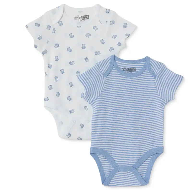 Hellobaby Boys 2-Pack Short Sleeve Bodysuits Striped With Poppers Envelope Neck Short Sleeve - Light Blue 1
