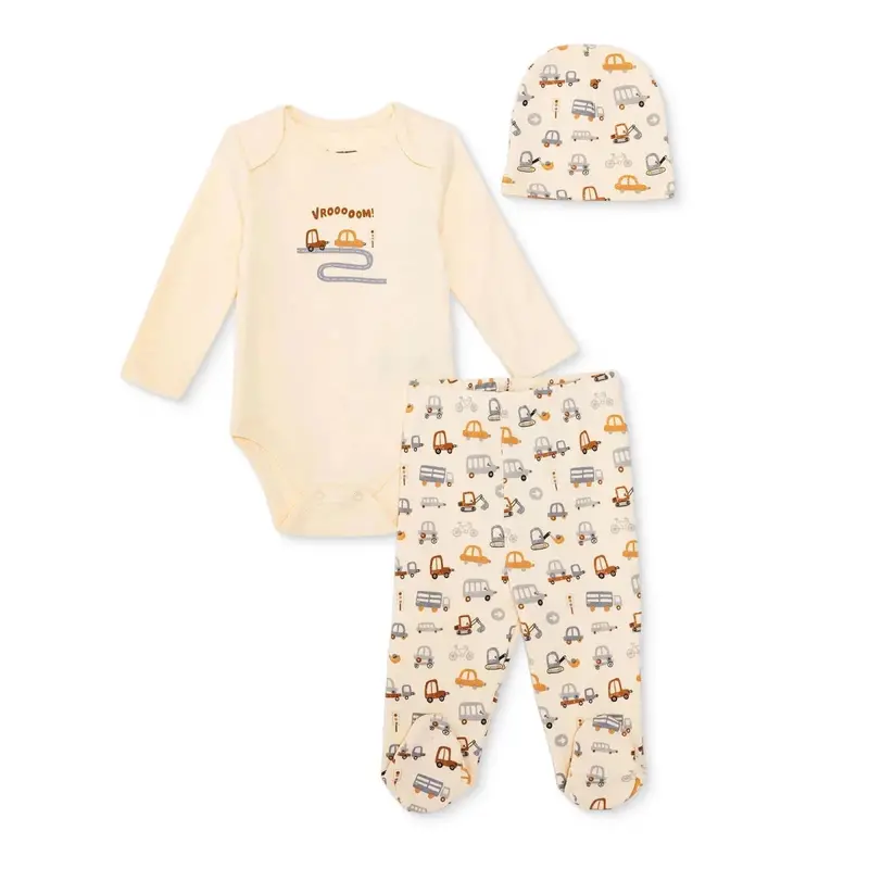 Hellobaby Boys Body-Footed Bottom-Hat Vehicles Envelope Neck Long Leg Long Sleeve - Ecru 1