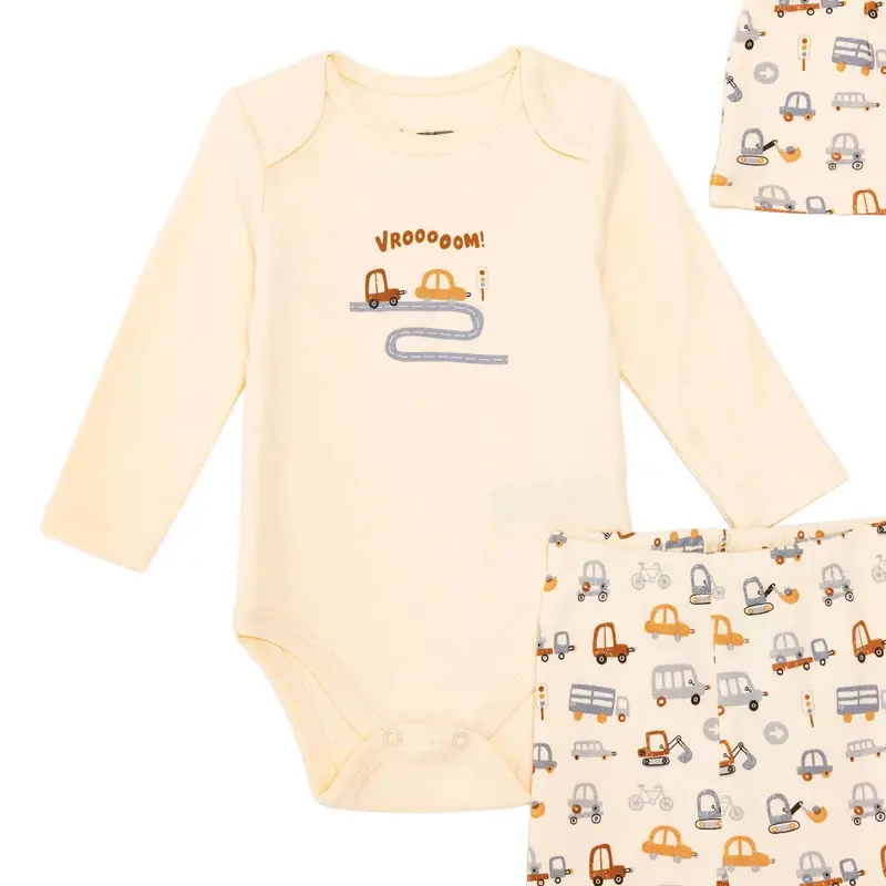 Hellobaby Boys Body-Footed Bottom-Hat Vehicles Envelope Neck Long Leg Long Sleeve - Ecru 2