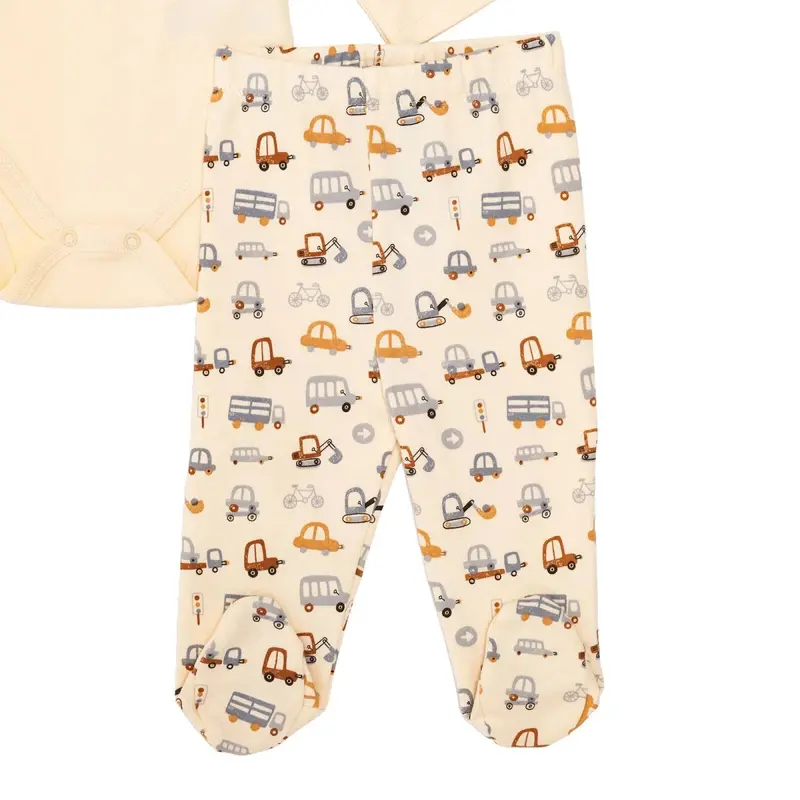 Hellobaby Boys Body-Footed Bottom-Hat Vehicles Envelope Neck Long Leg Long Sleeve - Ecru 3