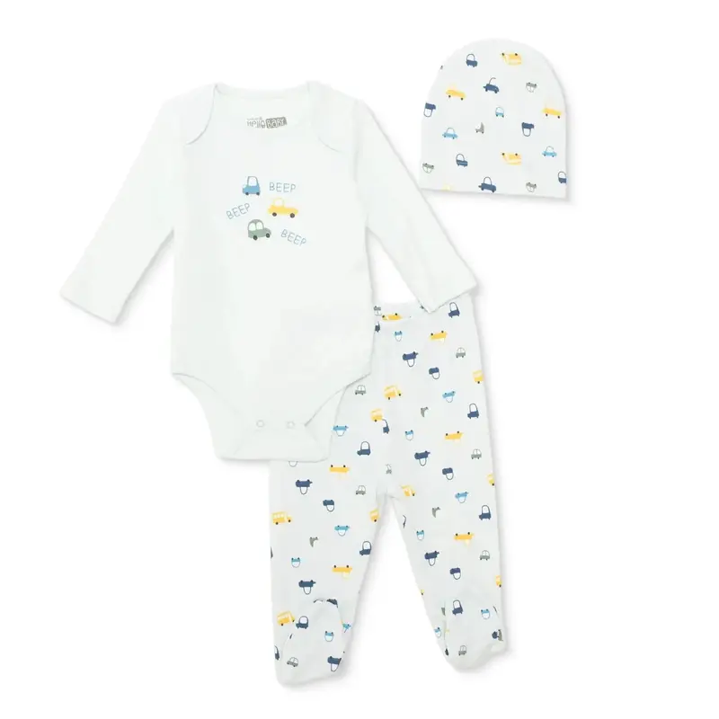 Hellobaby Boys Body-Footed Bottom-Hat Vehicles With Poppers Crew Neck Long Leg Long Sleeve - Light Blue 1