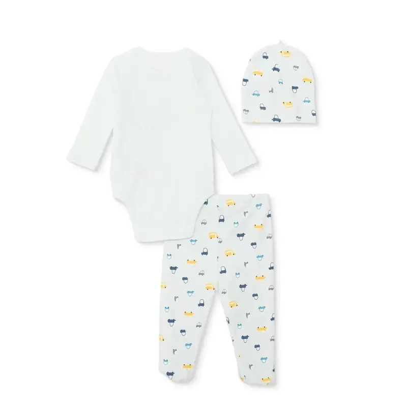 Hellobaby Boys Body-Footed Bottom-Hat Vehicles With Poppers Crew Neck Long Leg Long Sleeve - Light Blue 2