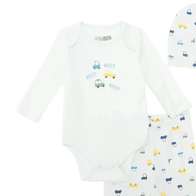 Hellobaby Boys Body-Footed Bottom-Hat Vehicles With Poppers Crew Neck Long Leg Long Sleeve - Light Blue 3