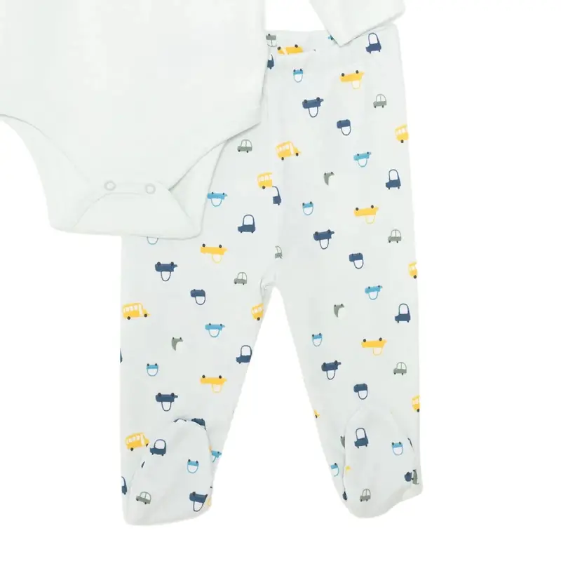 Hellobaby Boys Body-Footed Bottom-Hat Vehicles With Poppers Crew Neck Long Leg Long Sleeve - Light Blue 4