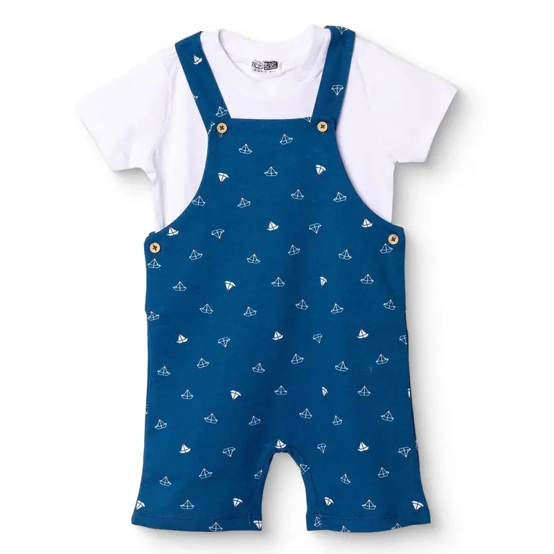 Hellobaby Boys Dungarees & T-Shirt Nautical Print Buttoned Little Sailor Peter Pan Collar Above The - Sax Blue 1