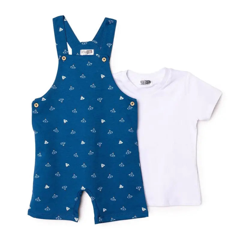Hellobaby Boys Dungarees & T-Shirt Nautical Print Buttoned Little Sailor Peter Pan Collar Above The - Sax Blue 3