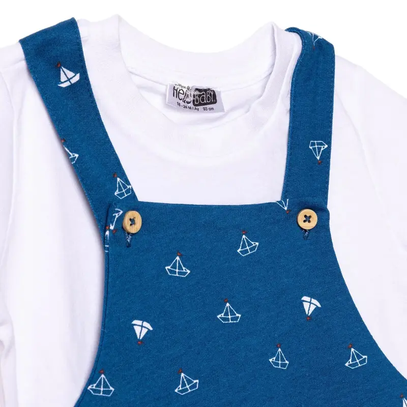 Hellobaby Boys Dungarees & T-Shirt Nautical Print Buttoned Little Sailor Peter Pan Collar Above The - Sax Blue 4