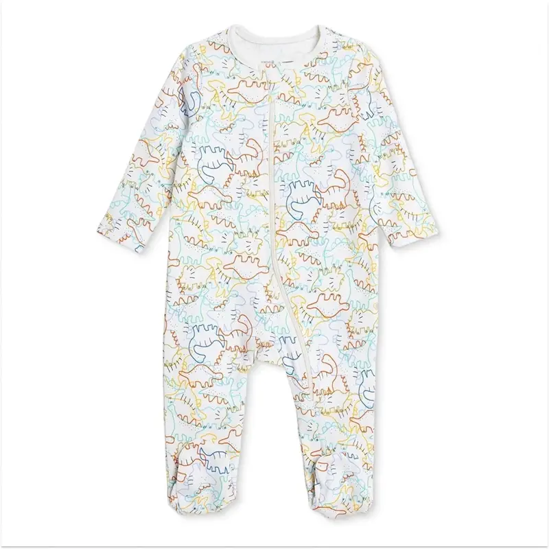 Hellobaby Boys Footed Romper Dinosaur Zip-Up Crew Neck Long Leg Long Sleeve - Ecru 1