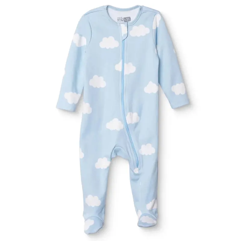 Hellobaby Boys Footed Romper Sky Zip-Up Crew Neck Long Leg Long Sleeve - Light Blue 1