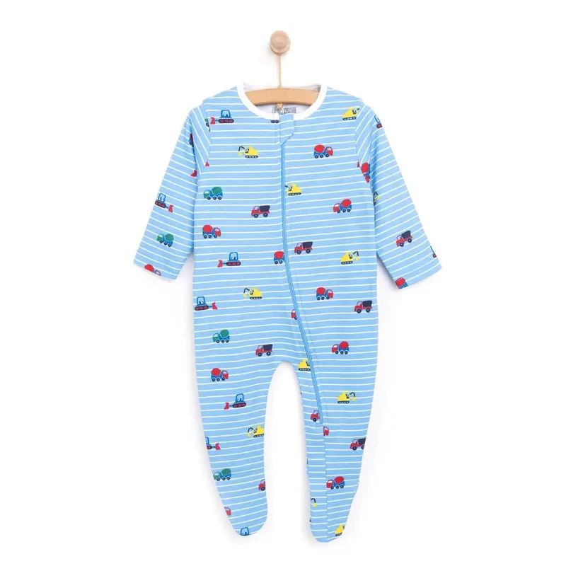 Hellobaby Boys Footed Romper Vehicles Zip-Up Crew Neck Long Leg Long Sleeve - Blue 1