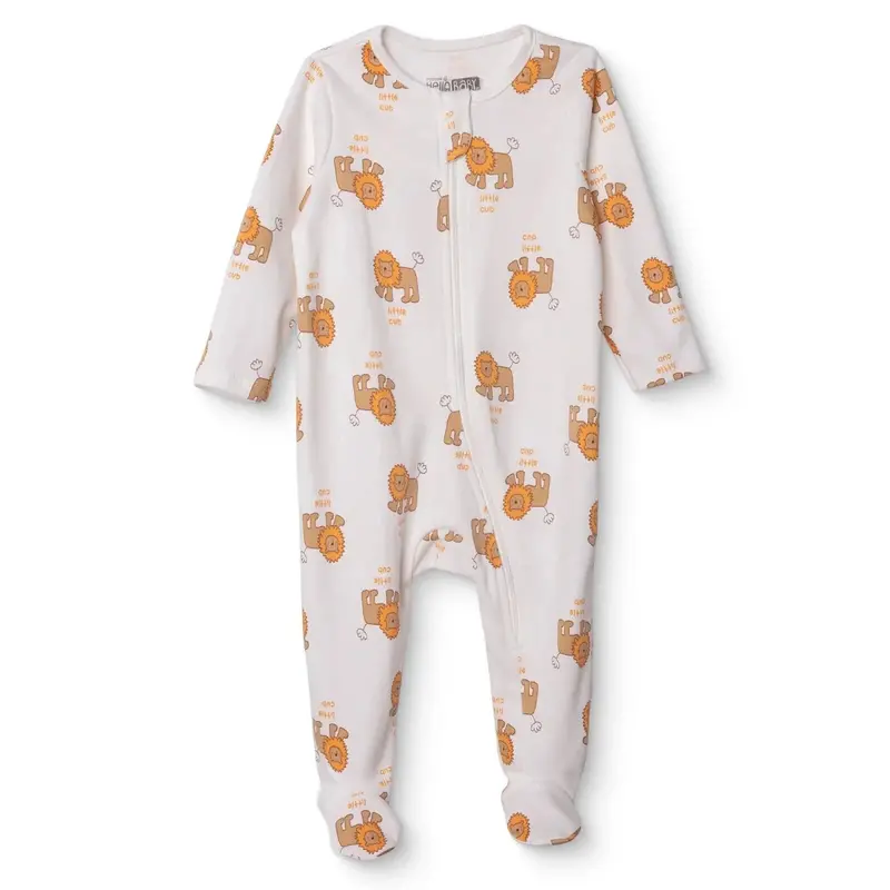 Hellobaby Boys Footed Sleepsuit Animal Print Zip Fastening Crew Neck Full Length Long Sleeve - Beige 1