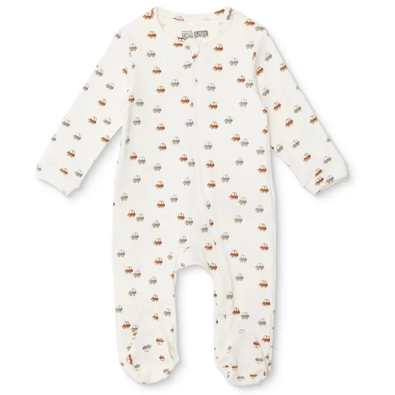 Hellobaby Boys Footed Sleepsuit Car Print Zip Fastening Crew Neck Full Length Long Sleeve - Beige 1