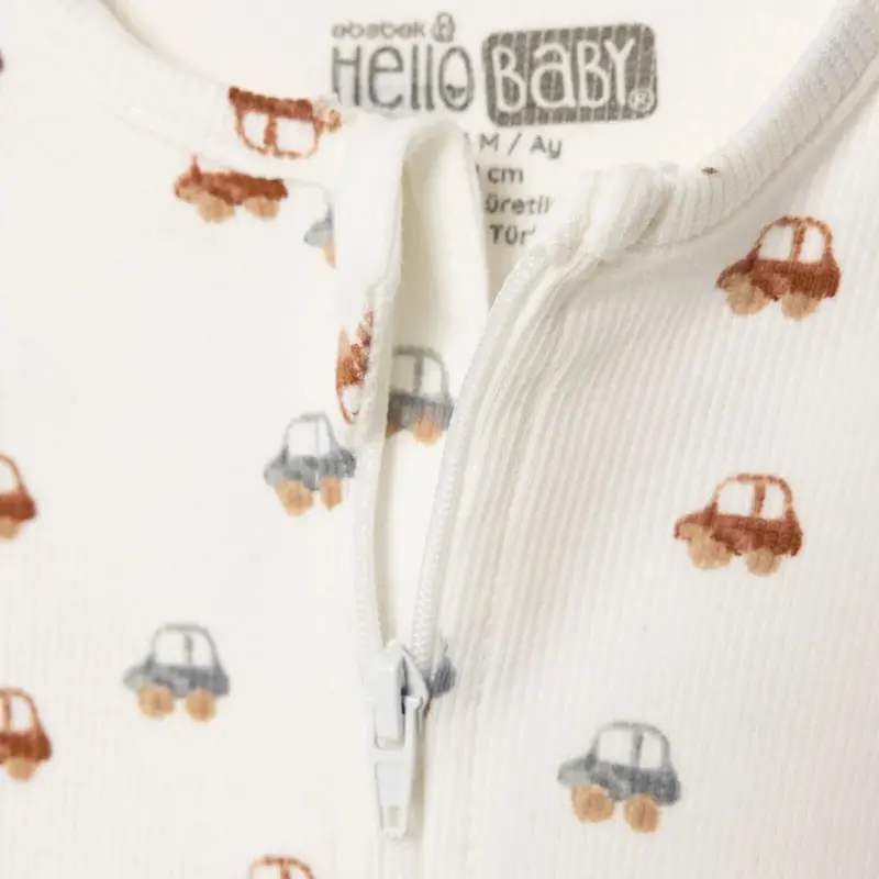 Hellobaby Boys Footed Sleepsuit Car Print Zip Fastening Crew Neck Full Length Long Sleeve - Beige 4