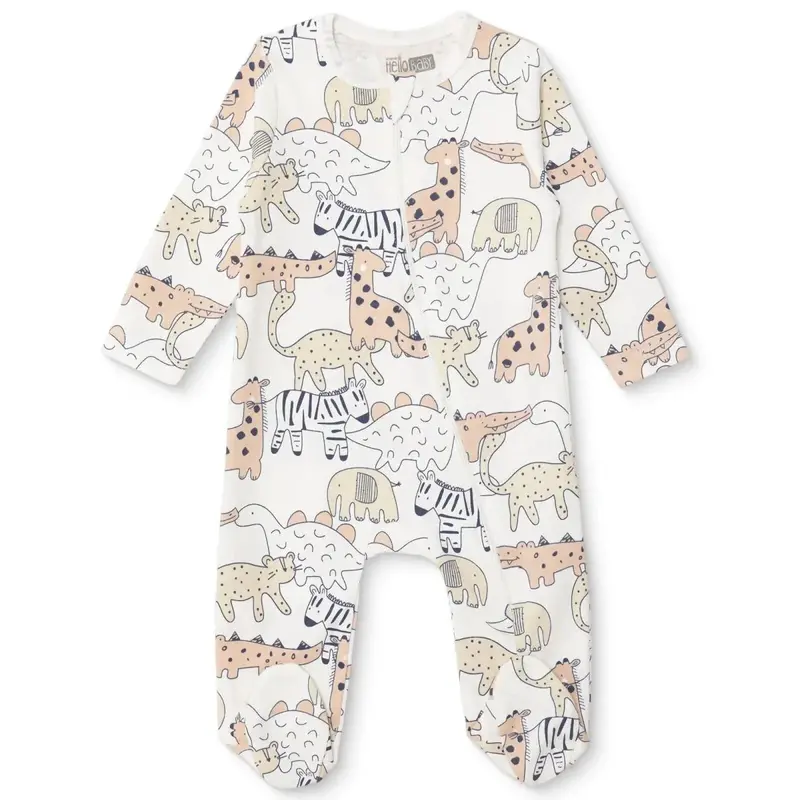 Hellobaby Boys Footed Sleepsuit Dinosaur Print Zip Fastening Crew Neck Full Length Long Sleeve - Ecru 1