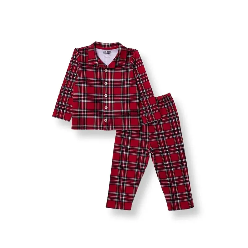 Hellobaby Boys Long Sleeve Pyjamas Set Plaid With Buttons Christmas Peter-Pan Collar Long Leg Long S - Red 1