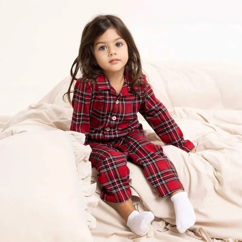 Hellobaby Boys Long Sleeve Pyjamas Set Plaid With Buttons Christmas Peter-Pan Collar Long Leg Long S - Red 5