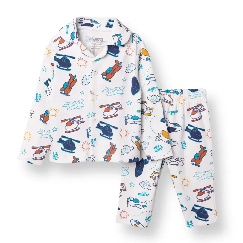 Hellobaby Boys Long Sleeve Pyjamas Set With Buttons Peter-Pan Collar Long Leg Long Sleeve - Ecru 1
