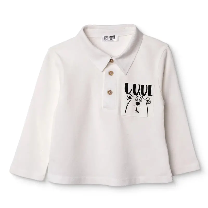 Hellobaby Boys Long Sleeve T-Shirt Bear Print Buttoned Cool Boy Polo Collar Long Sleeve - Ecru 1