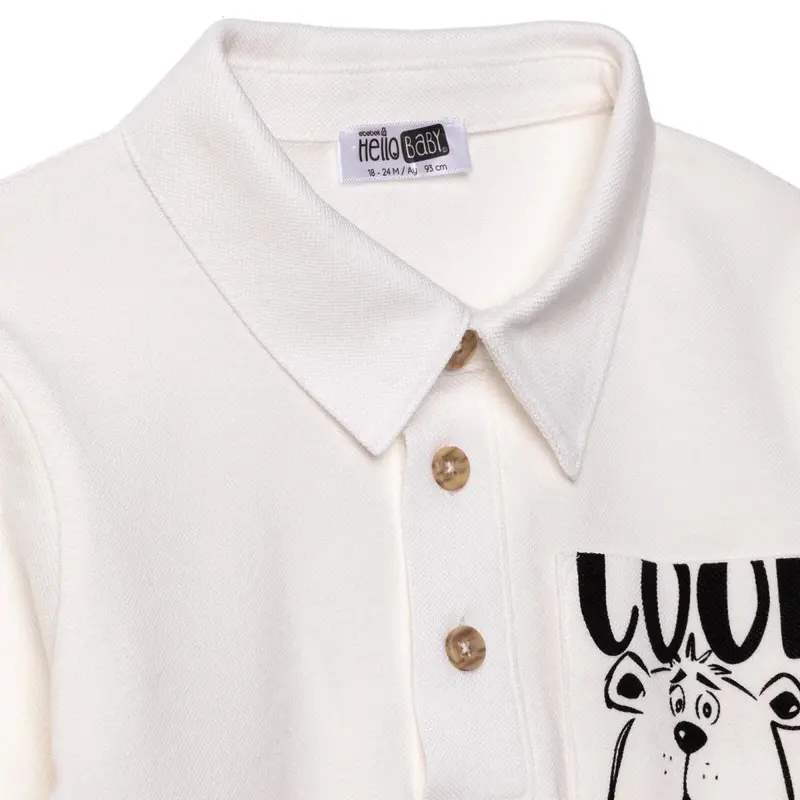 Hellobaby Boys Long Sleeve T-Shirt Bear Print Buttoned Cool Boy Polo Collar Long Sleeve - Ecru 3