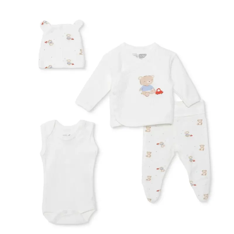 Hellobaby Boys Premature Baby Set Animal Print Snap Fastening Envelope Neck Full Length Long Sleeve - Ecru 1