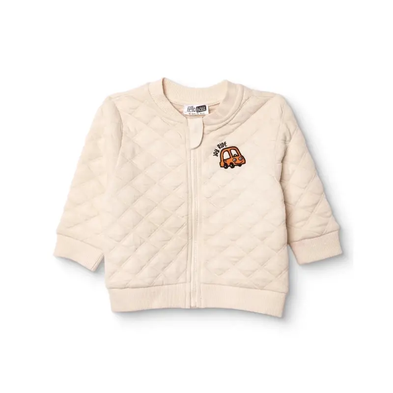 Hellobaby Boys Quilted Cardigan Zip Fastening Little Car Mandarin Collar Long Sleeve - Ecru 1