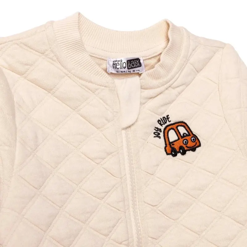 Hellobaby Boys Quilted Cardigan Zip Fastening Little Car Mandarin Collar Long Sleeve - Ecru 4