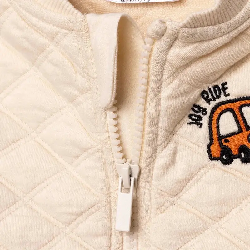 Hellobaby Boys Quilted Cardigan Zip Fastening Little Car Mandarin Collar Long Sleeve - Ecru 5