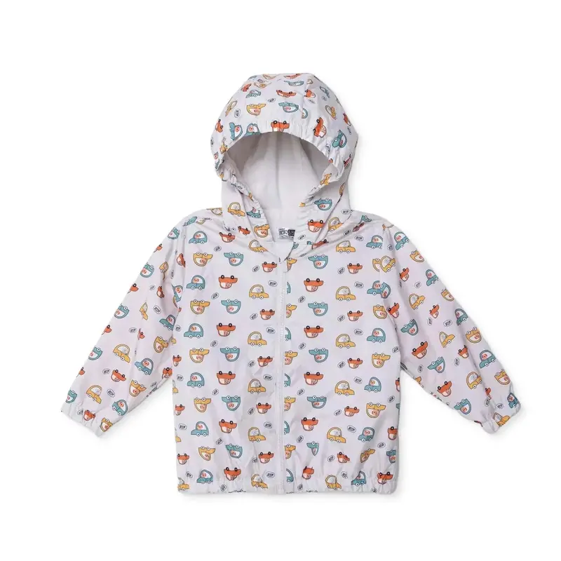Hellobaby Boys Raincoat Car Print Zip Fastening Hooded Long Sleeve - Ecru Printed 1
