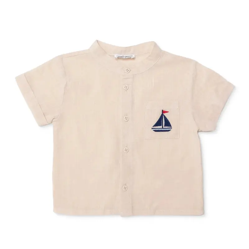 Hellobaby Boys Shirt Nautical Print Buttoned Little Sailor Mandarin Collar Long Sleeve - Beige 1