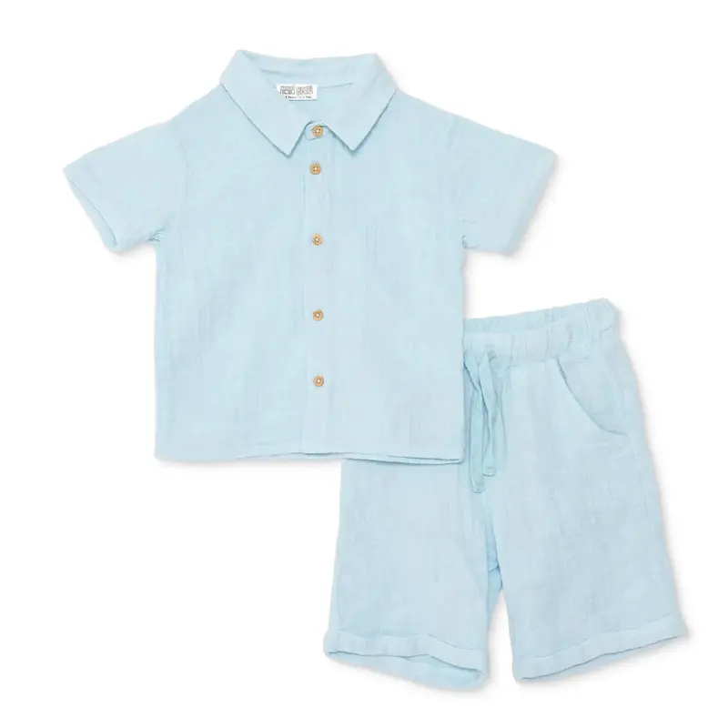 Hellobaby Boys Shirt & Shorts Set Buttoned Little Sailor Shirt Collar Above The Knee Short Sleeve - Blue 1