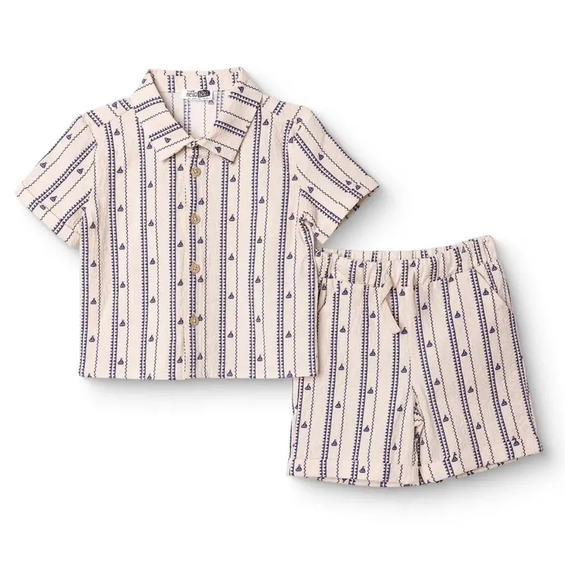 Hellobaby Boys Shirt & Shorts Set Buttoned Little Sailor Shirt Collar Above The Knee Short Sleeve - Ecru Printed 1