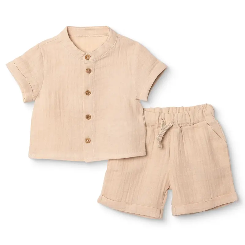 Hellobaby Boys Shirt & Shorts Set Buttoned Safari Adventure Shirt Collar Full Length Short Sleeve - Beige 1
