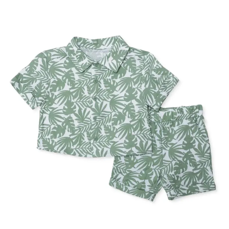 Hellobaby Boys Shirt & Shorts Set Palm Print Buttoned Shirt Collar Short Length Short Sleeve - Green Printed 1