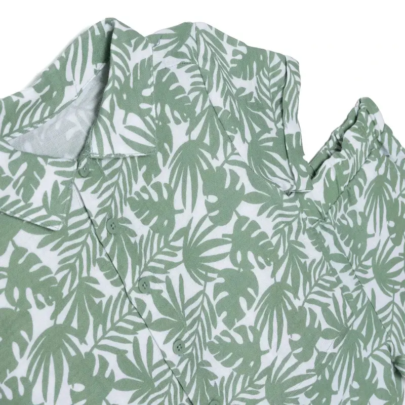 Hellobaby Boys Shirt & Shorts Set Palm Print Buttoned Shirt Collar Short Length Short Sleeve - Green Printed 3