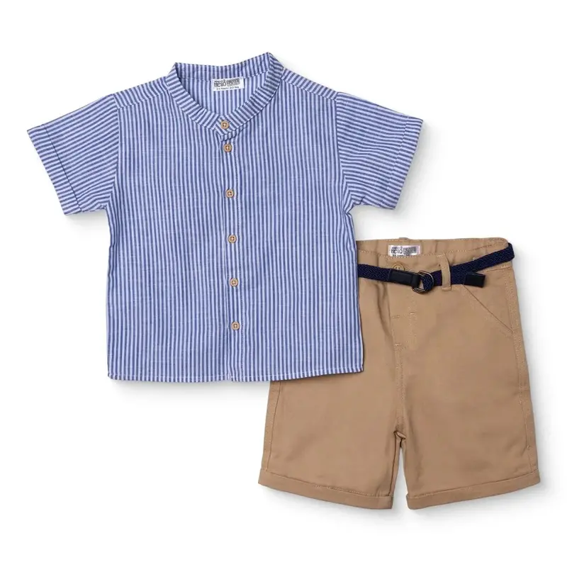Hellobaby Boys Shirt & Shorts Set Striped Buttoned Smart Line Mandarin Collar Above The Knee Short S - Indigo 1