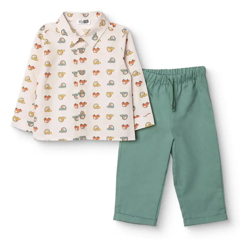 Hellobaby Boys Shirt & Trousers Set Car Print Buttoned Little Car Shirt Collar Full Length Long Slee - Ecru Printed 1