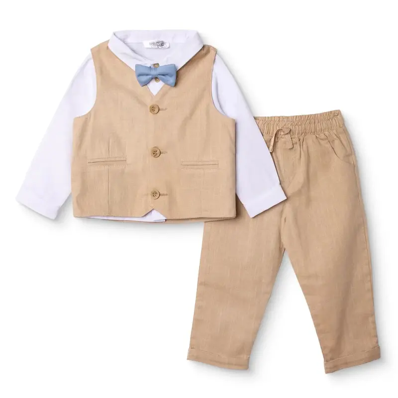 Hellobaby Boys Shirt Trousers & Waistcoat Set Buttoned Smart Line Shirt Collar Full Length Long Slee - Beige 1