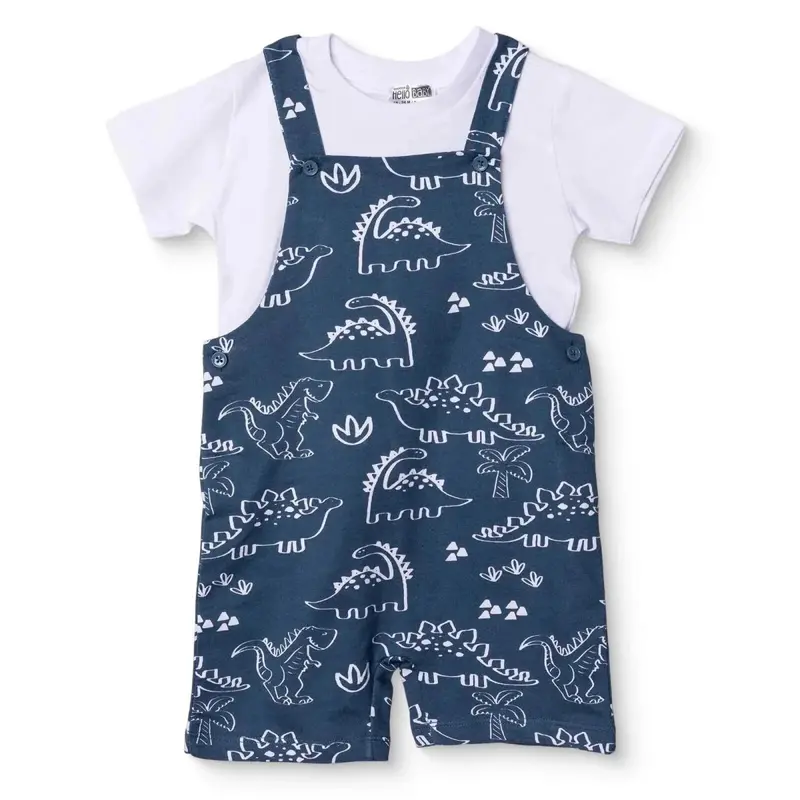 Hellobaby Boys Short Dungarees & T-Shirt Dinosaur Print Buttoned Crew Neck Short Length Short Sleeve - Blue Printed 1