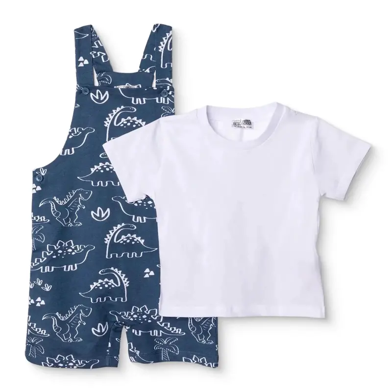 Hellobaby Boys Short Dungarees & T-Shirt Dinosaur Print Buttoned Crew Neck Short Length Short Sleeve - Blue Printed 3