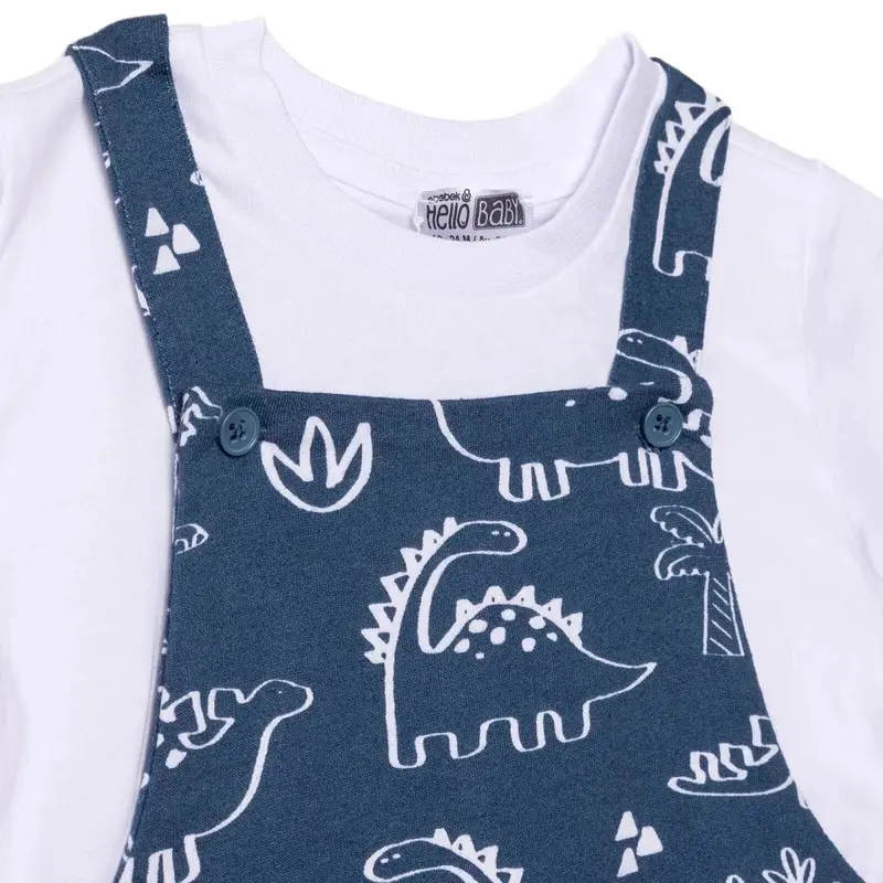Hellobaby Boys Short Dungarees & T-Shirt Dinosaur Print Buttoned Crew Neck Short Length Short Sleeve - Blue Printed 4